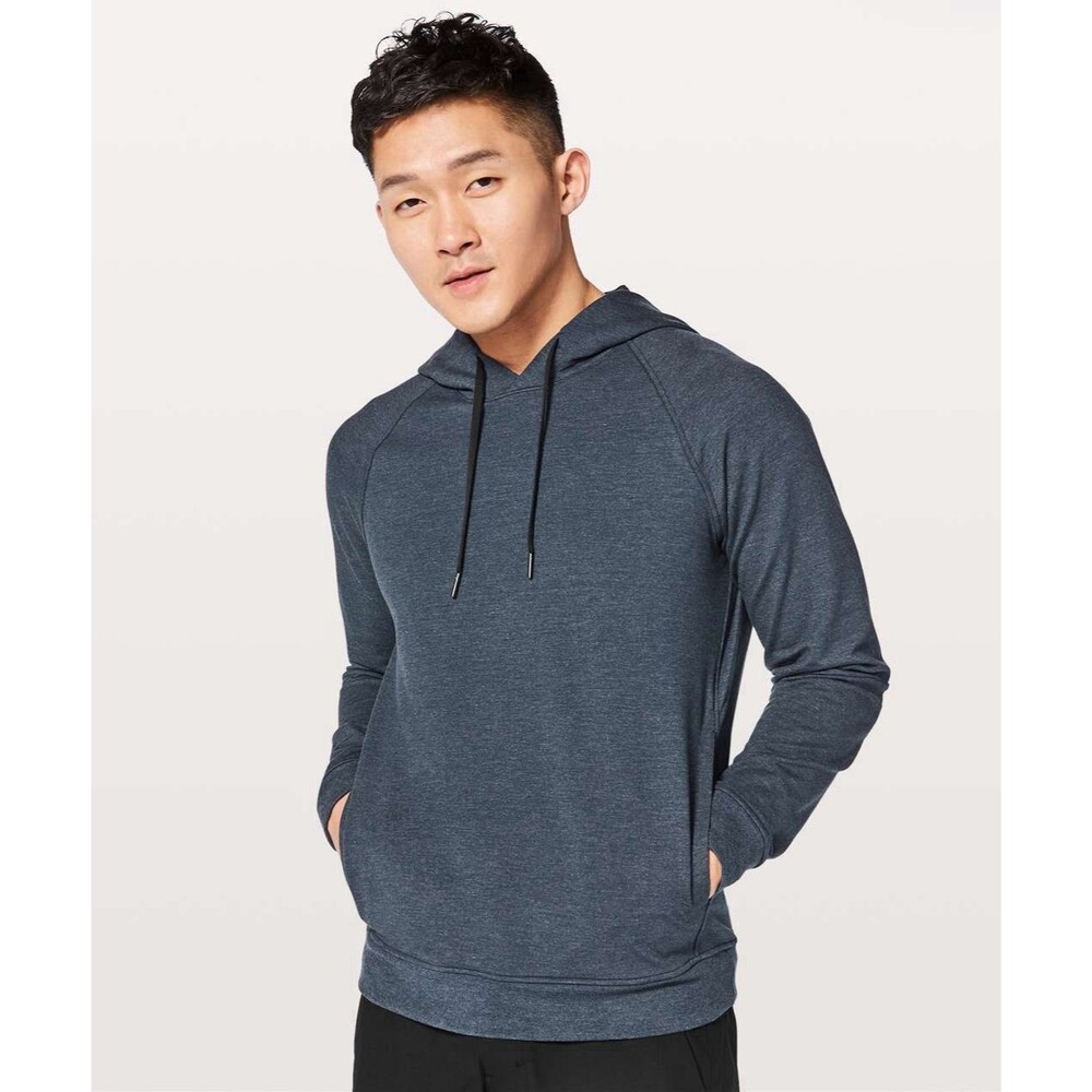 Lululemon City Sweat Pullover Hoodie Heathered True Navy Large Pockets Blue Mens